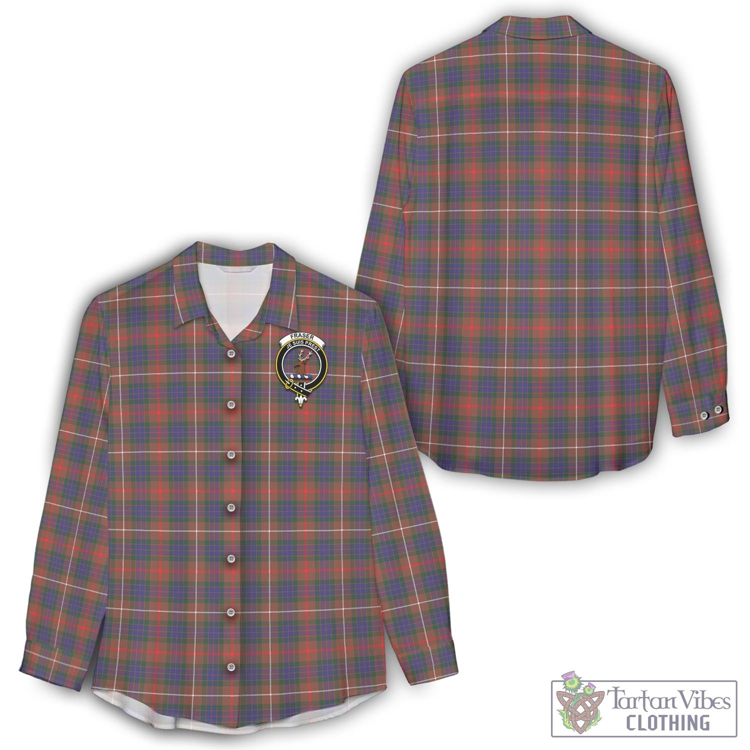Tartan Vibes Clothing Fraser Hunting Modern Tartan Womens Casual Shirt with Family Crest