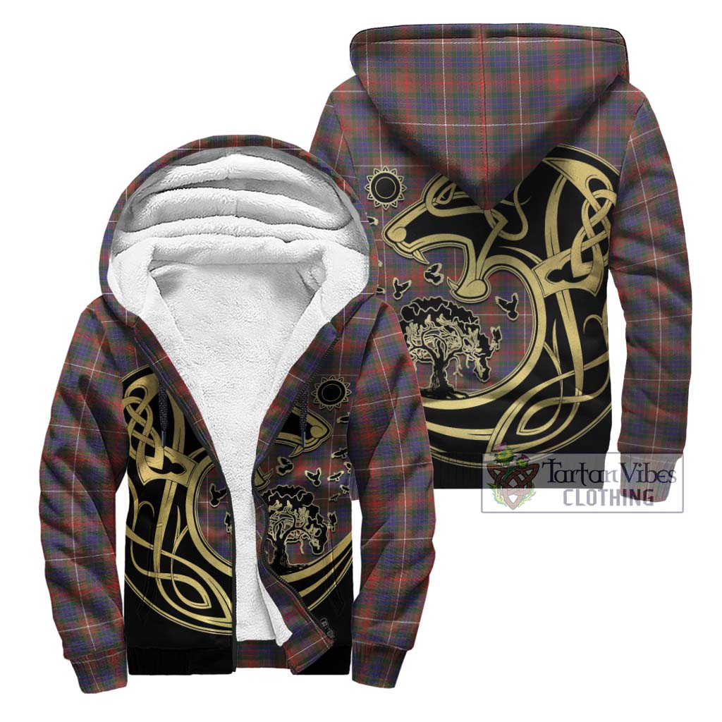 Tartan Vibes Clothing Fraser Hunting Modern Tartan Sherpa Hoodie with Family Crest Celtic Wolf Style