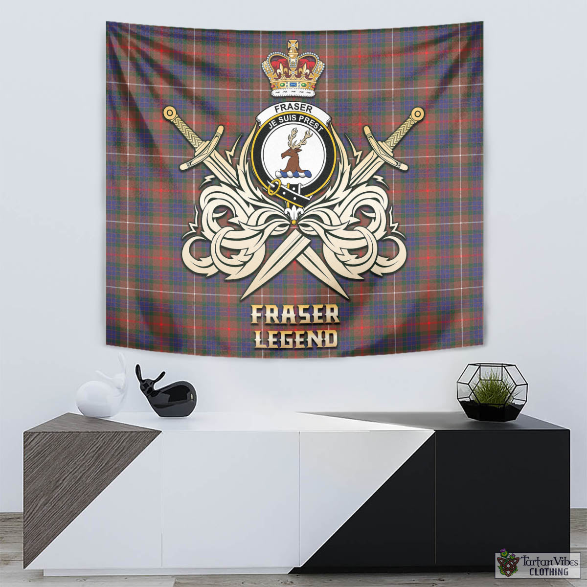 Tartan Vibes Clothing Fraser Hunting Modern Tartan Tapestry with Clan Crest and the Golden Sword of Courageous Legacy