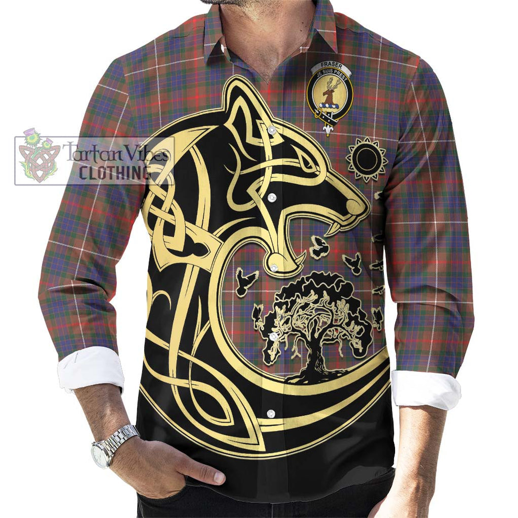 Fraser Hunting Modern Tartan Long Sleeve Button Shirt with Family Crest Celtic Wolf Style - Tartan Vibes Clothing