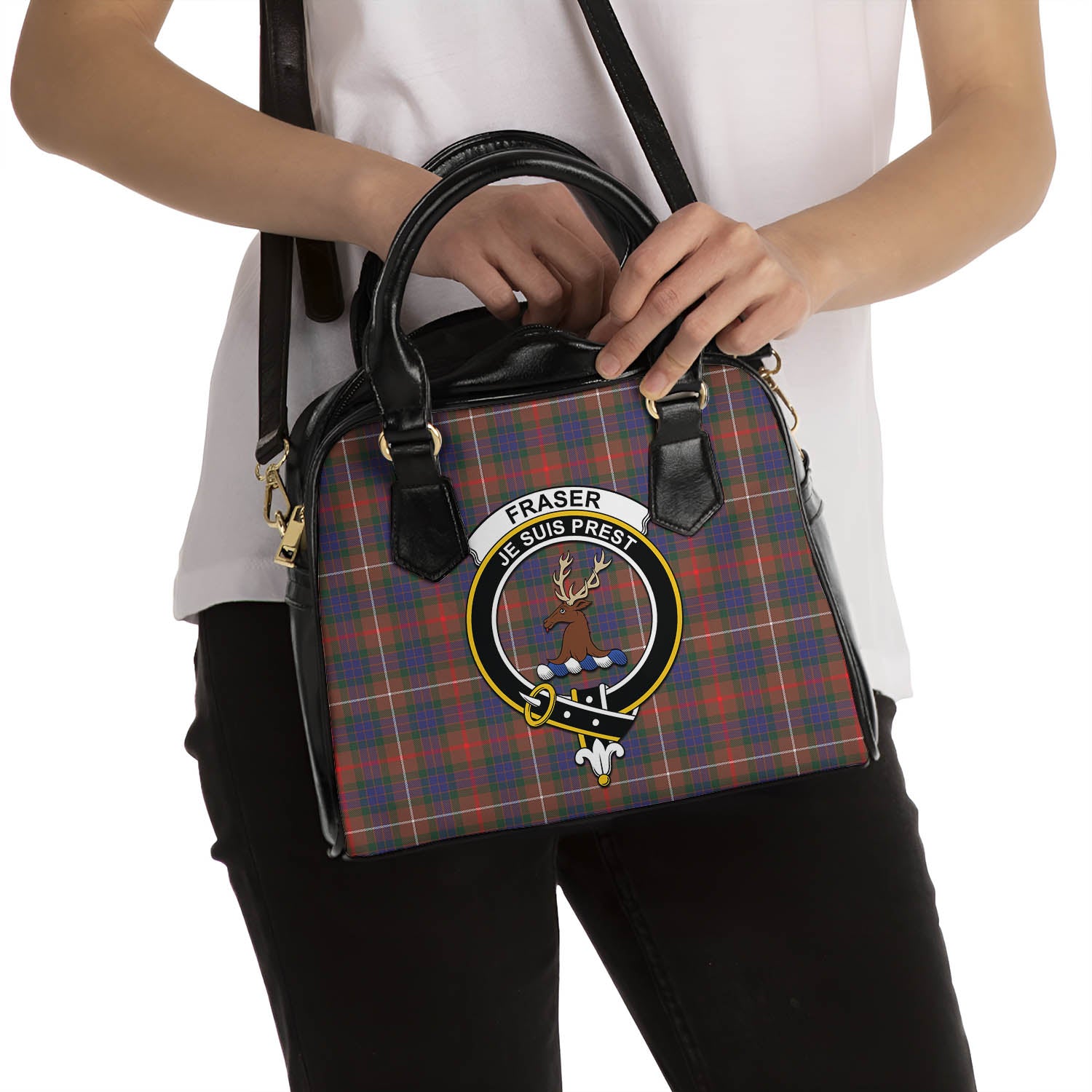 Fraser Hunting Modern Tartan Shoulder Handbags with Family Crest - Tartanvibesclothing