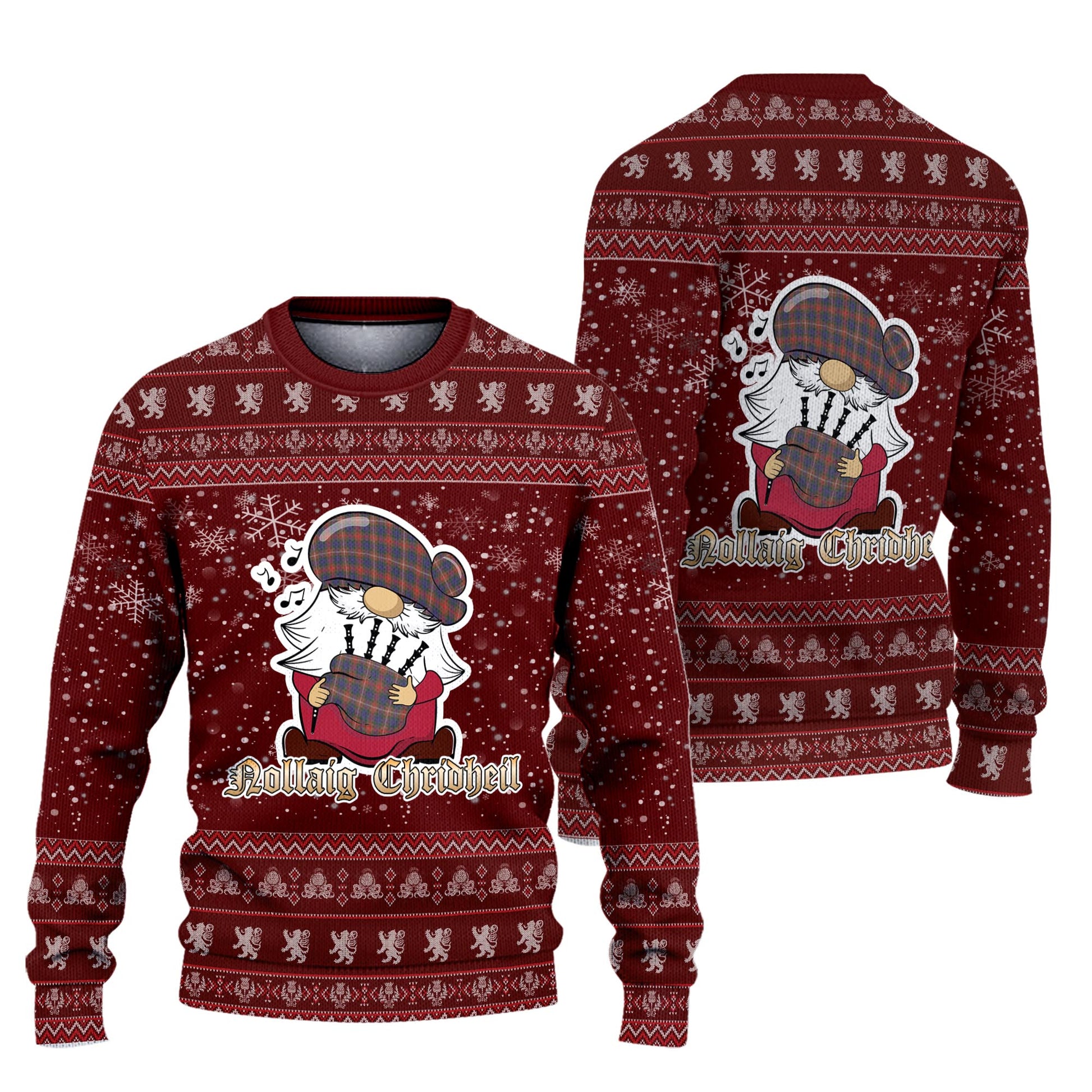 Fraser Hunting Modern Clan Christmas Family Knitted Sweater with Funny Gnome Playing Bagpipes Unisex Red - Tartanvibesclothing