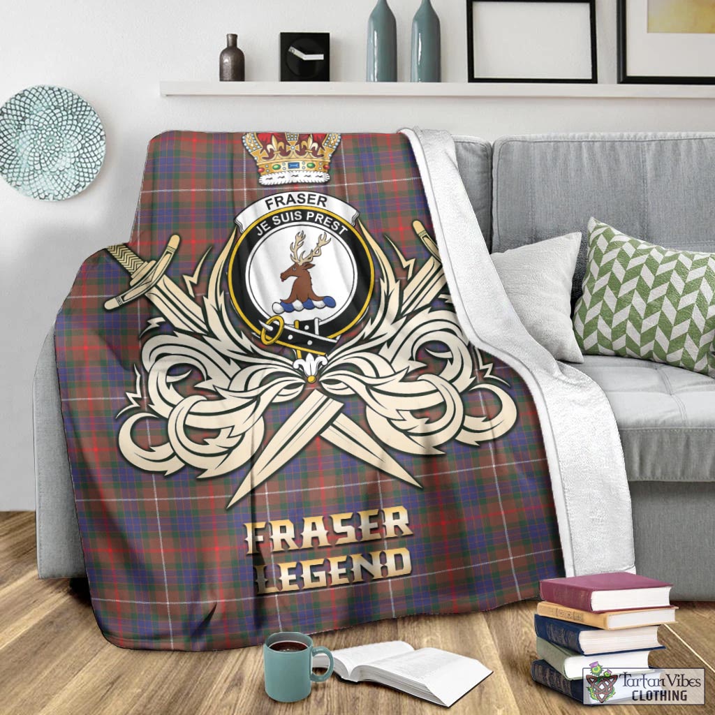 Tartan Vibes Clothing Fraser Hunting Modern Tartan Blanket with Clan Crest and the Golden Sword of Courageous Legacy