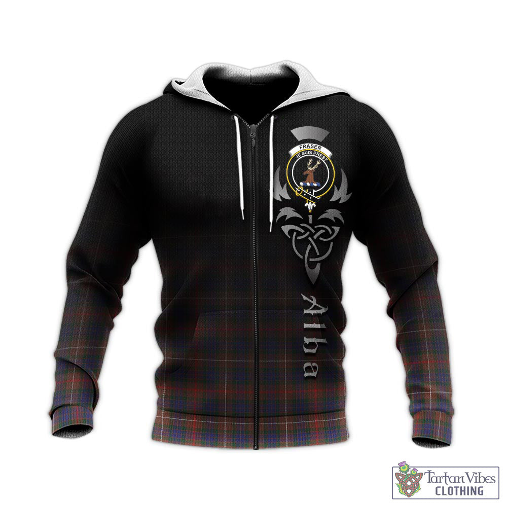 Tartan Vibes Clothing Fraser Hunting Modern Tartan Knitted Hoodie Featuring Alba Gu Brath Family Crest Celtic Inspired