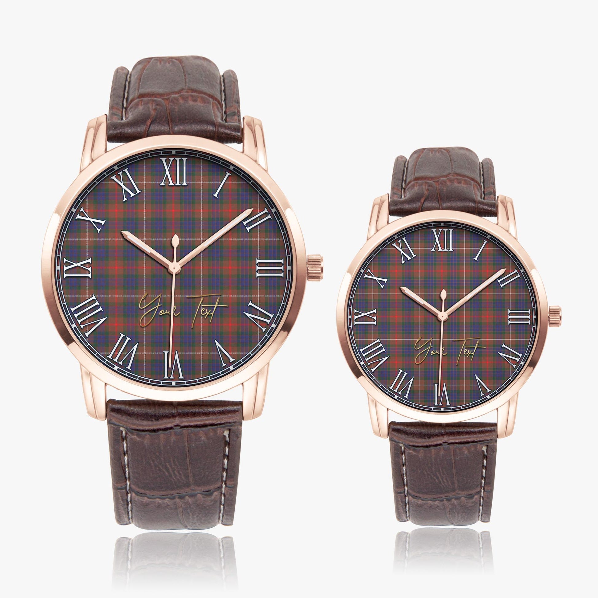 Fraser Hunting Modern Tartan Personalized Your Text Leather Trap Quartz Watch Wide Type Rose Gold Case With Brown Leather Strap - Tartanvibesclothing