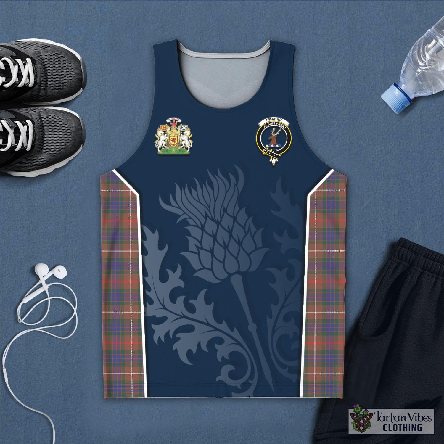 Tartan Vibes Clothing Fraser Hunting Modern Tartan Men's Tanks Top with Family Crest and Scottish Thistle Vibes Sport Style