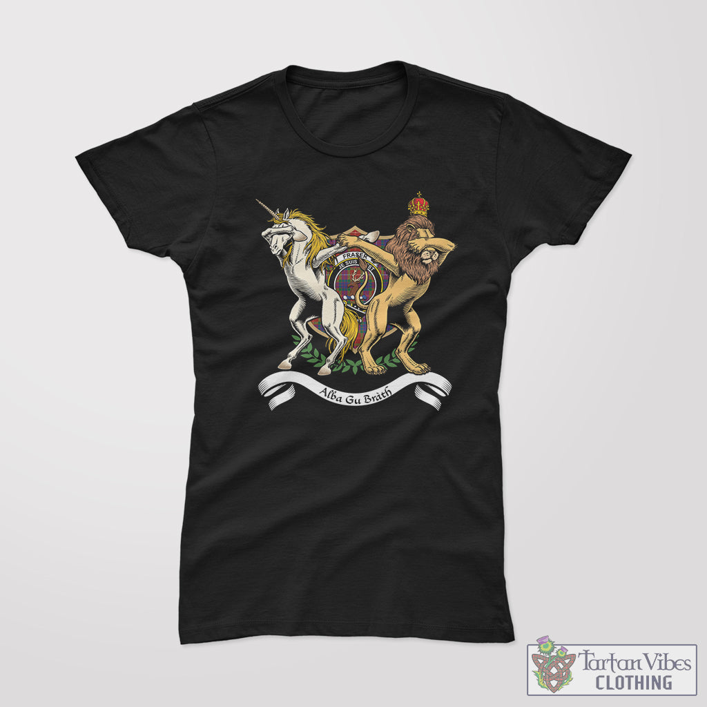 Tartan Vibes Clothing Fraser Hunting Modern Family Crest Cotton Women's T-Shirt with Scotland Royal Coat Of Arm Funny Style