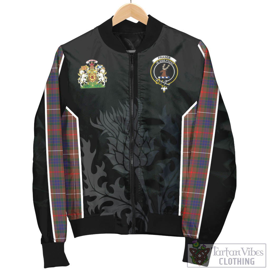 Tartan Vibes Clothing Fraser Hunting Modern Tartan Bomber Jacket with Family Crest and Scottish Thistle Vibes Sport Style