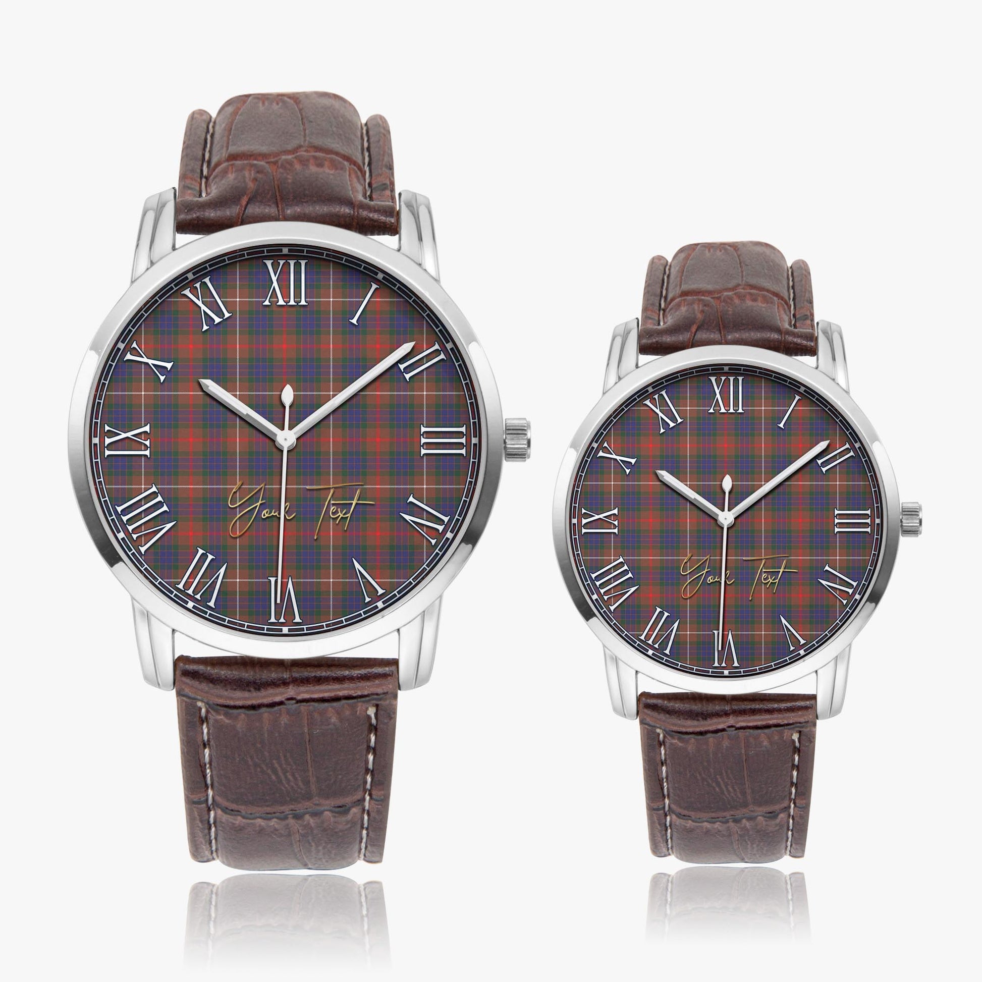 Fraser Hunting Modern Tartan Personalized Your Text Leather Trap Quartz Watch Wide Type Silver Case With Brown Leather Strap - Tartanvibesclothing