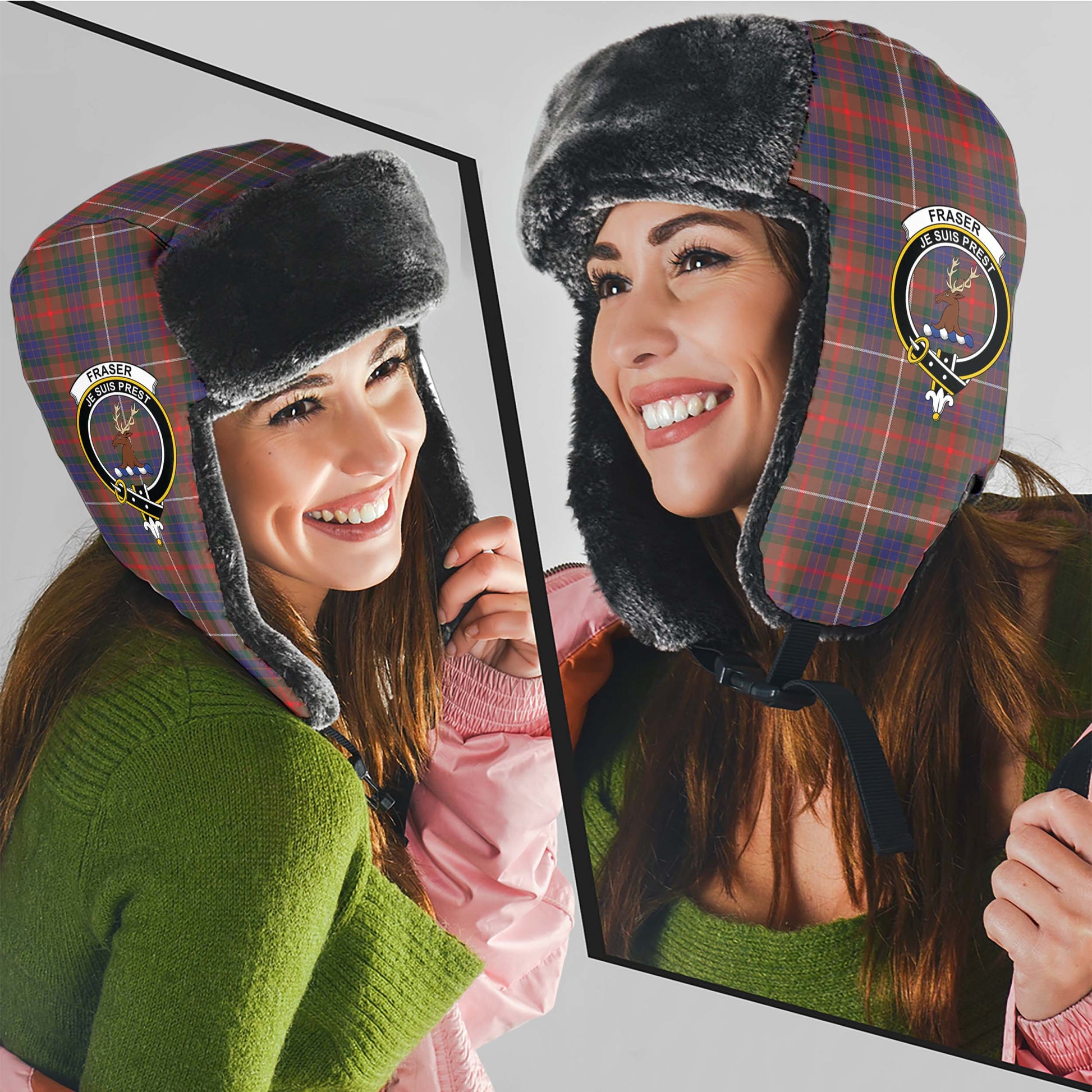 Fraser Hunting Modern Tartan Winter Trapper Hat with Family Crest - Tartanvibesclothing