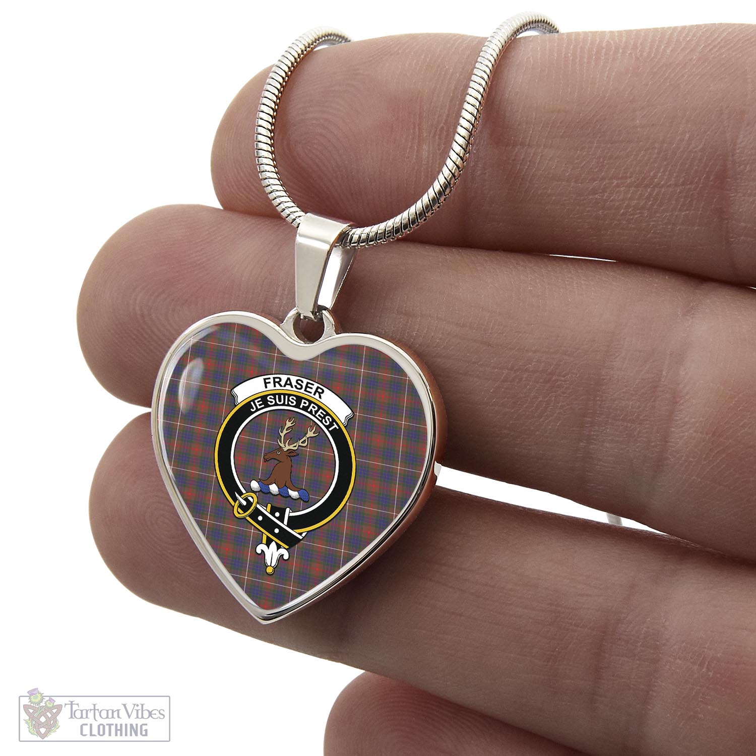 Tartan Vibes Clothing Fraser Hunting Modern Tartan Heart Necklace with Family Crest
