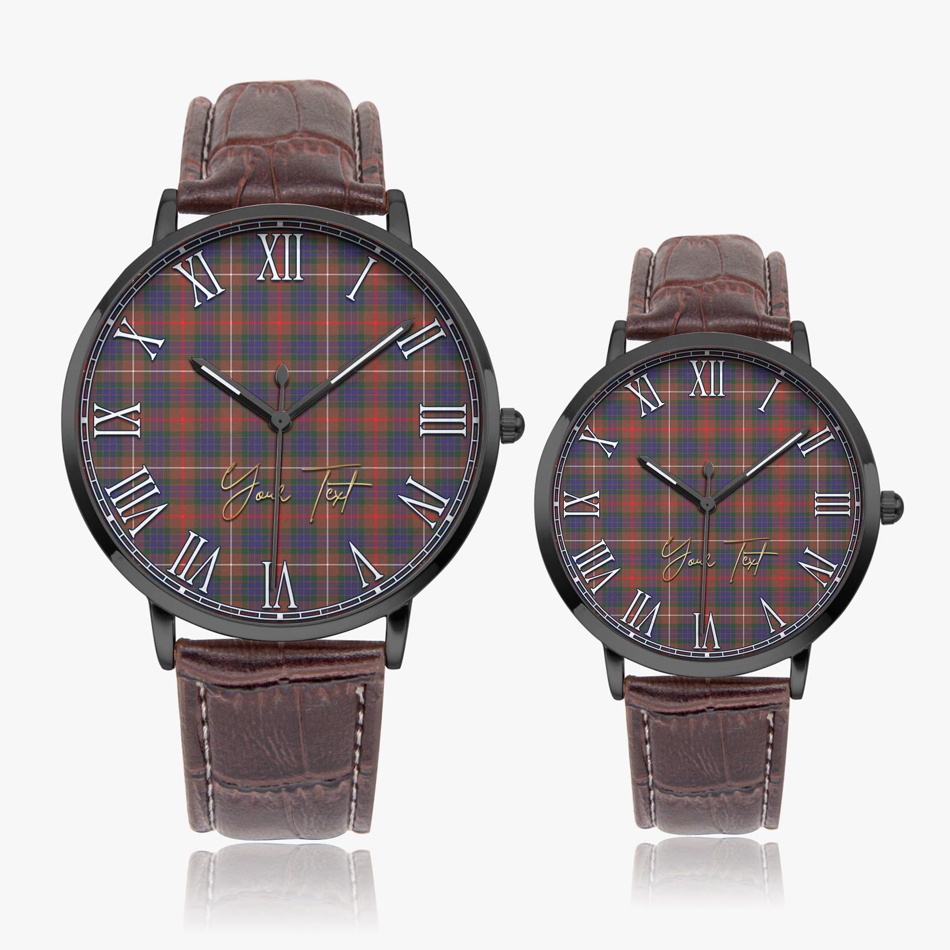 Fraser Hunting Modern Tartan Personalized Your Text Leather Trap Quartz Watch Ultra Thin Black Case With Brown Leather Strap - Tartanvibesclothing