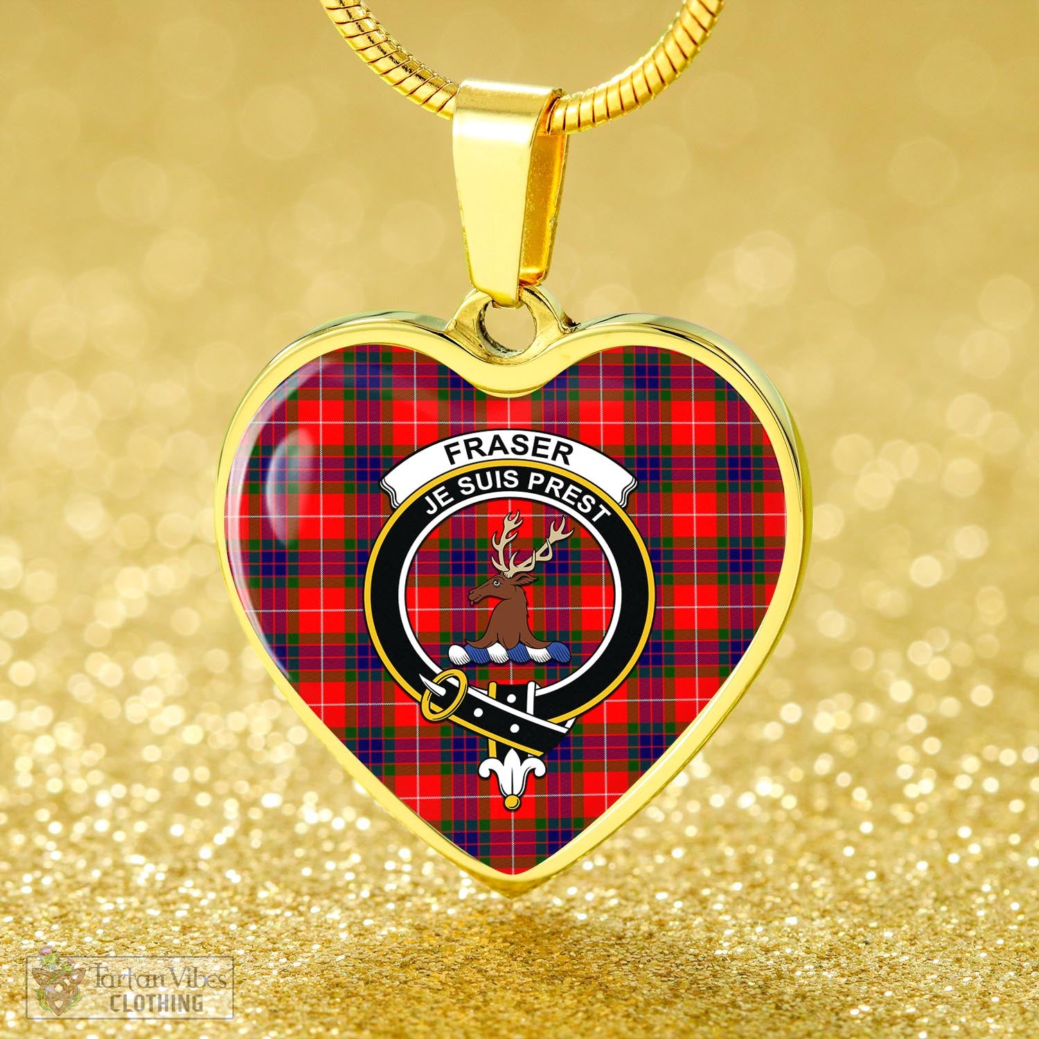 Tartan Vibes Clothing Fraser Modern Tartan Heart Necklace with Family Crest