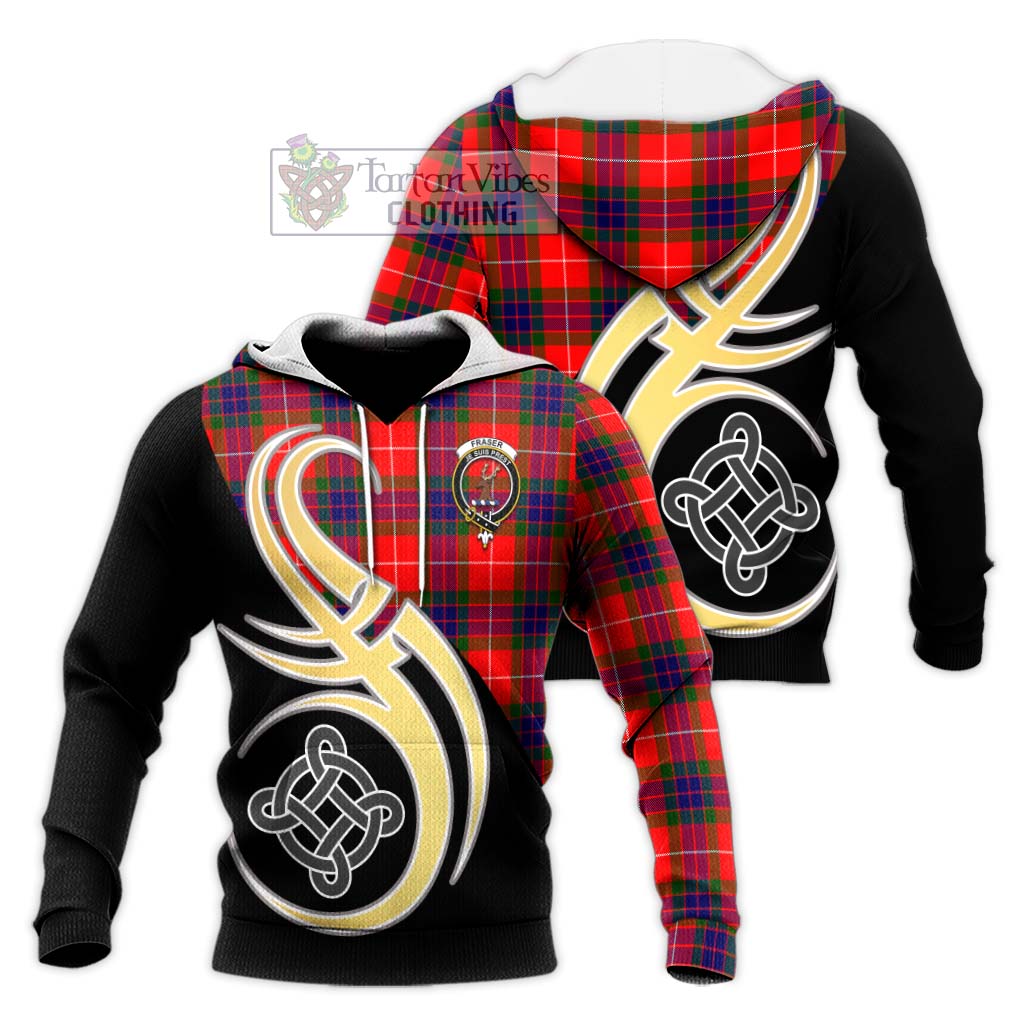 Tartan Vibes Clothing Fraser Modern Tartan Knitted Hoodie with Family Crest and Celtic Symbol Style