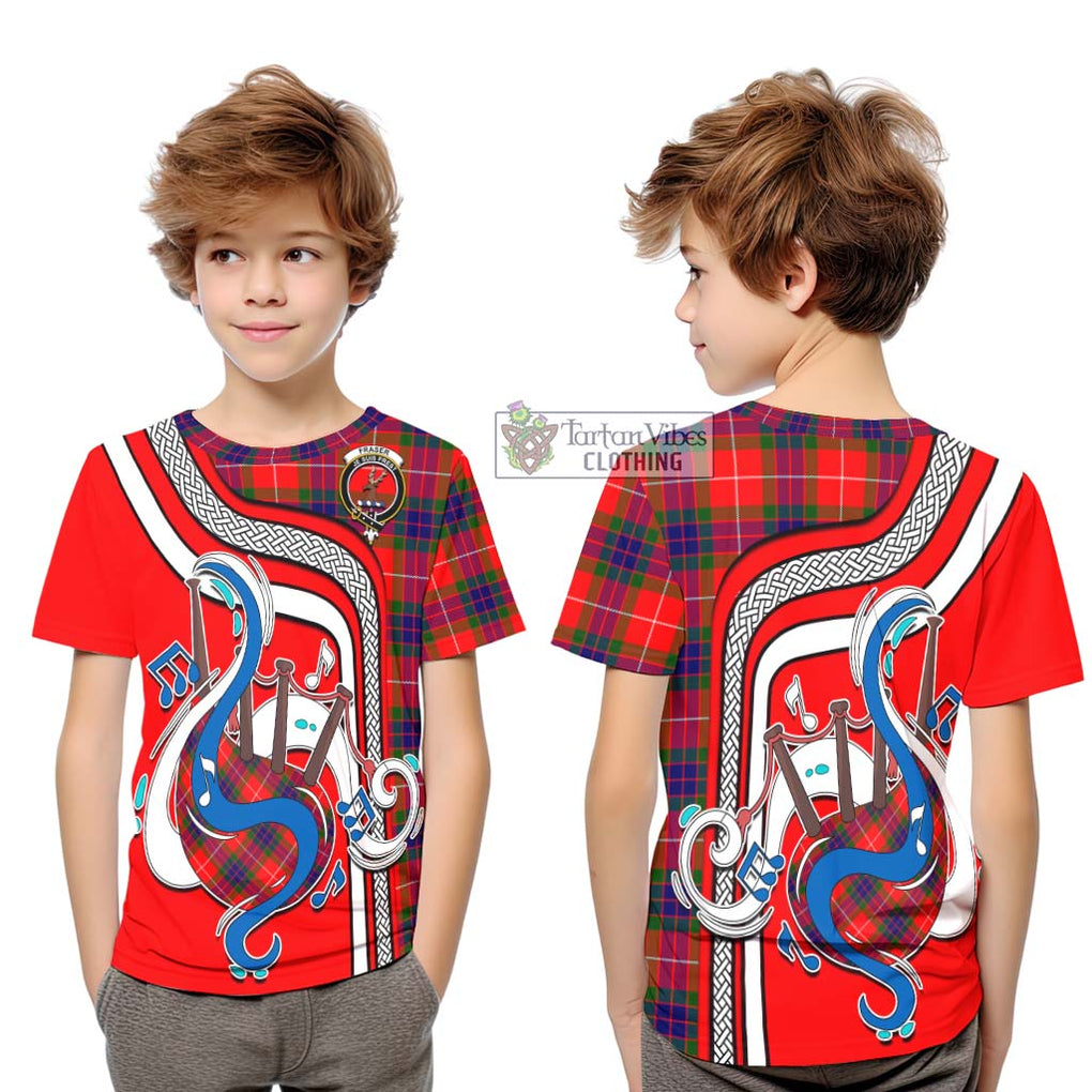 Tartan Vibes Clothing Fraser Modern Tartan Kid T-Shirt with Epic Bagpipe Style