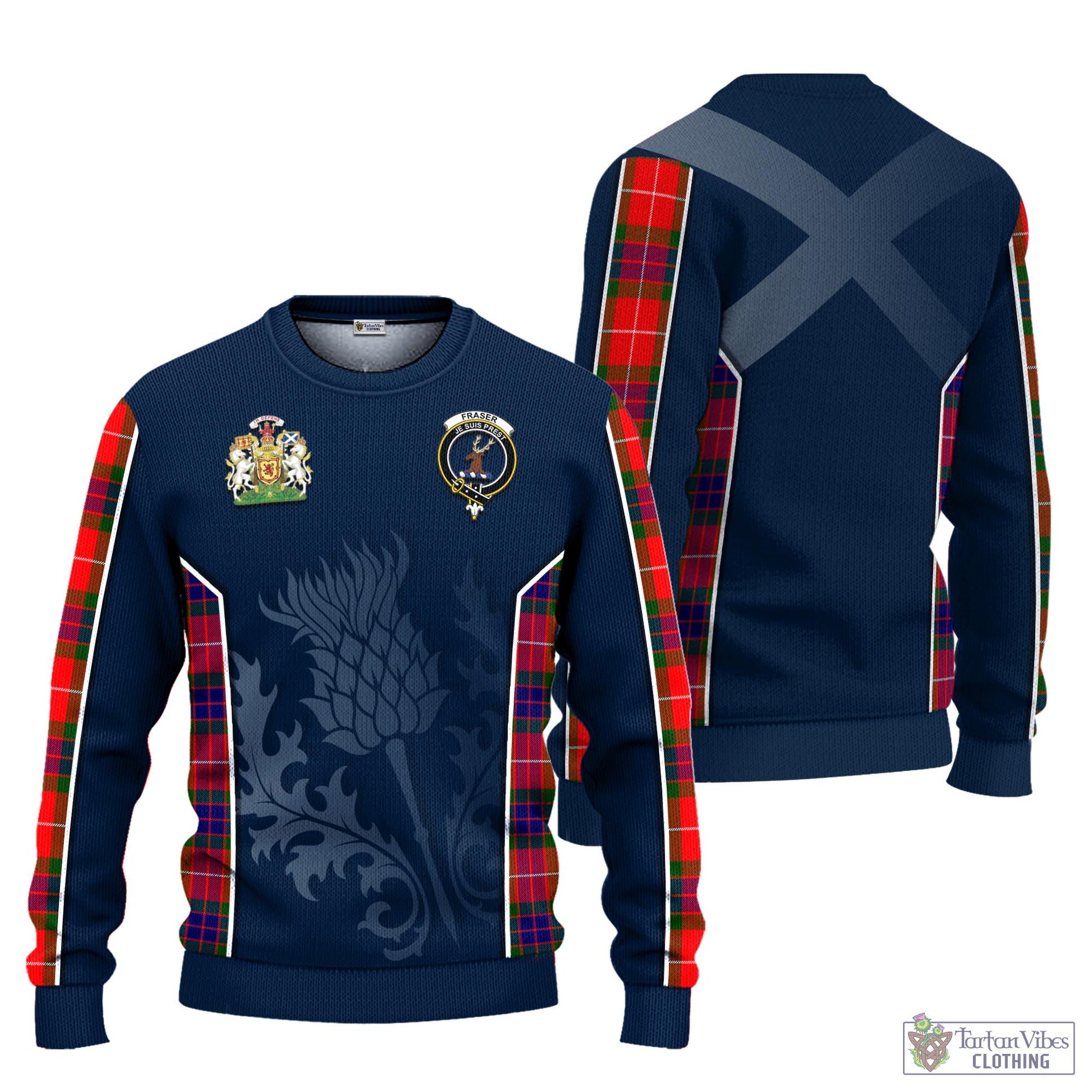 Tartan Vibes Clothing Fraser Modern Tartan Knitted Sweatshirt with Family Crest and Scottish Thistle Vibes Sport Style