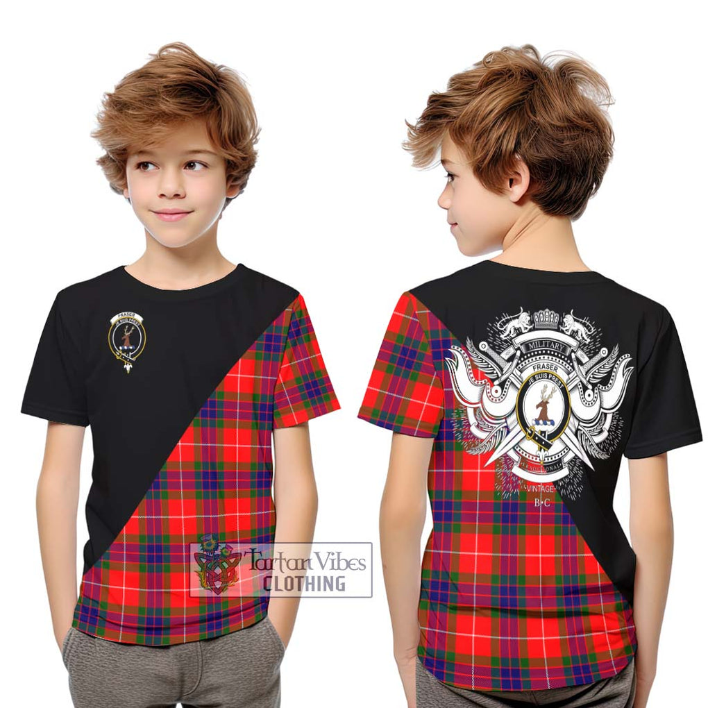 Fraser Modern Tartan Kid T-Shirt with Family Crest and Military Logo Style Youth XL Size14 - Tartanvibesclothing Shop