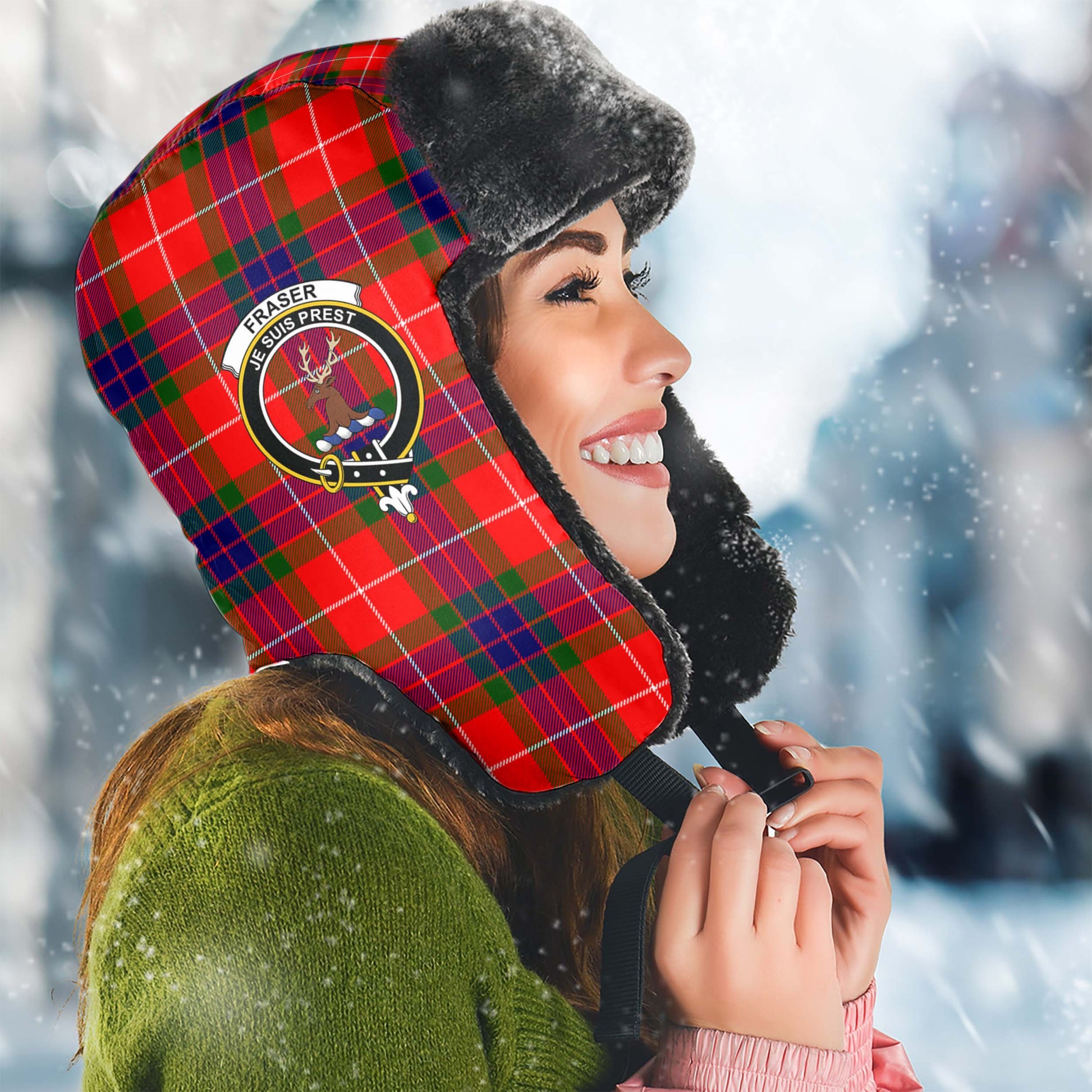 Fraser Modern Tartan Winter Trapper Hat with Family Crest Winter Trapper Hat Universal Fit Circumference 22.8in (58cm) - Tartanvibesclothing