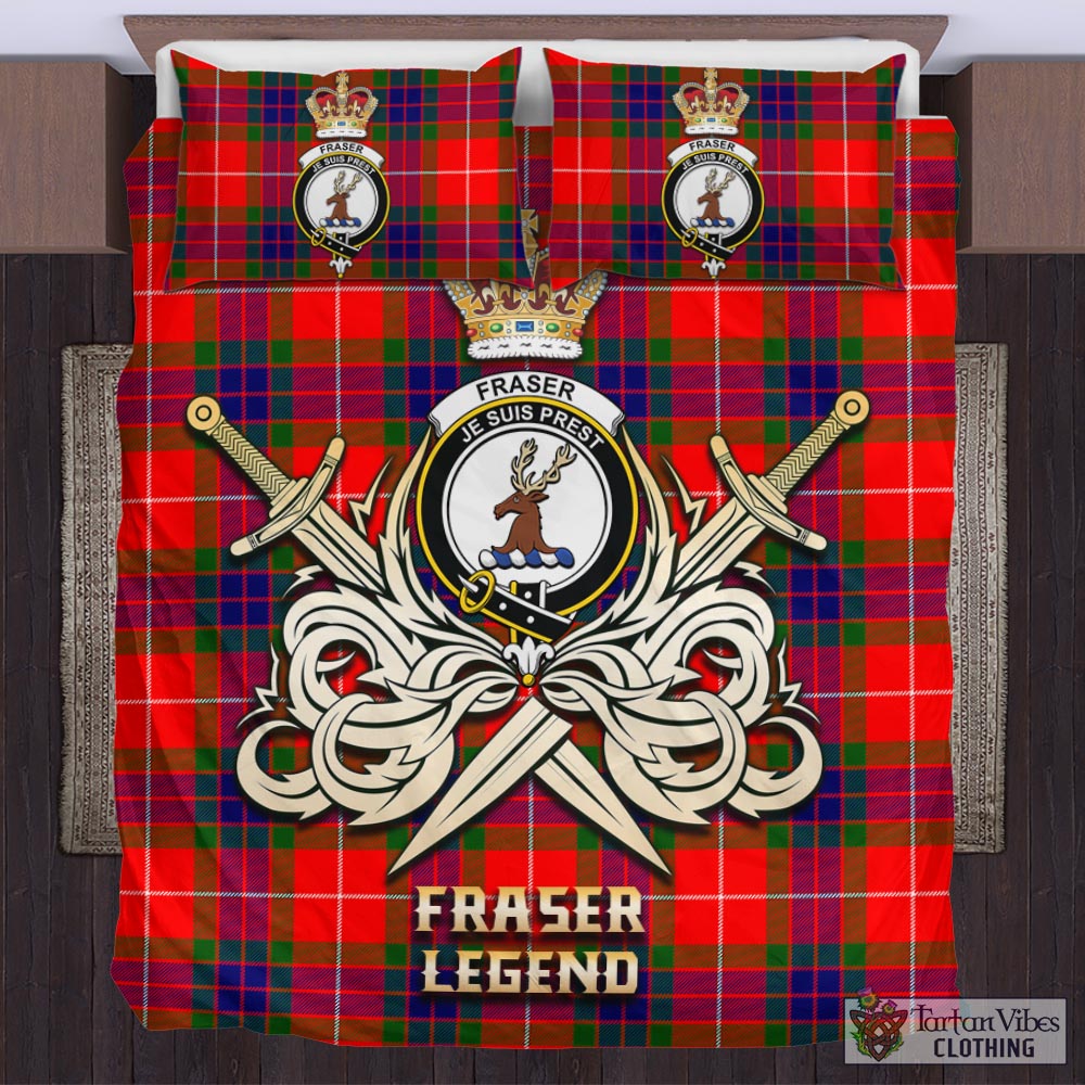 Tartan Vibes Clothing Fraser Modern Tartan Bedding Set with Clan Crest and the Golden Sword of Courageous Legacy