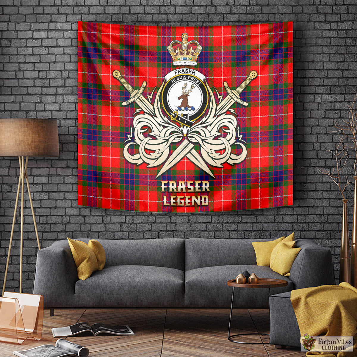 Tartan Vibes Clothing Fraser Modern Tartan Tapestry with Clan Crest and the Golden Sword of Courageous Legacy