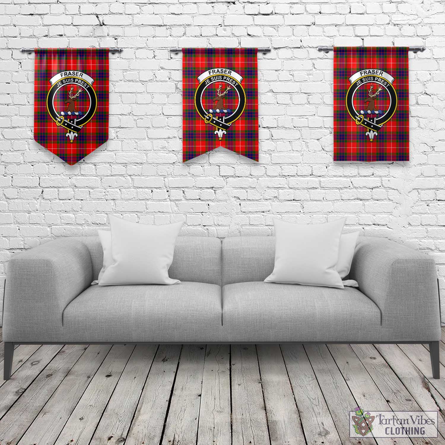 Tartan Vibes Clothing Fraser Modern Tartan Gonfalon, Tartan Banner with Family Crest