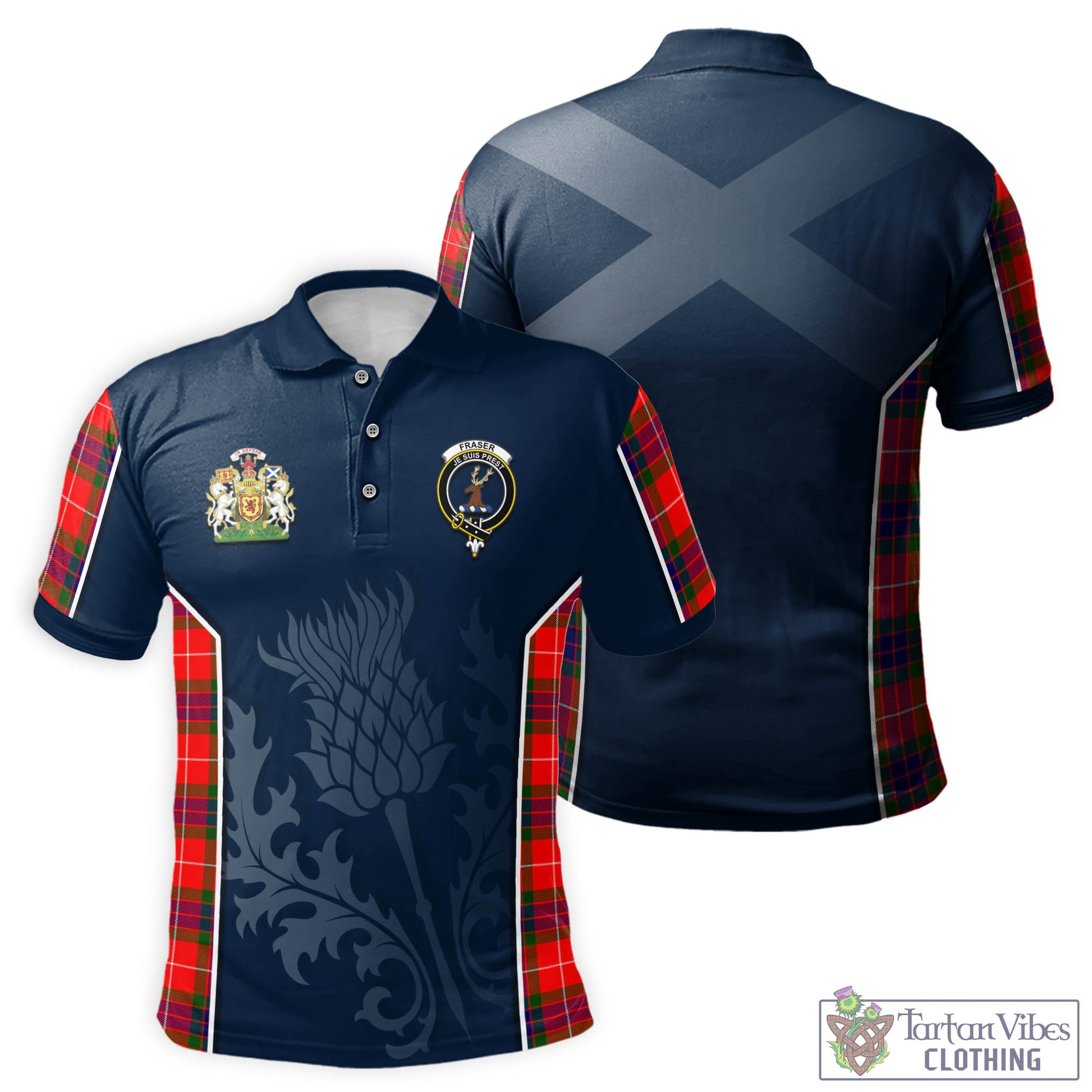 Tartan Vibes Clothing Fraser Modern Tartan Men's Polo Shirt with Family Crest and Scottish Thistle Vibes Sport Style