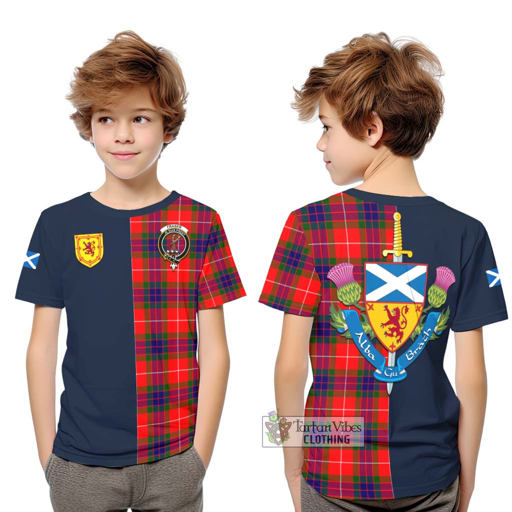 Tartan Vibes Clothing Fraser Modern Tartan Kid T-Shirt with Scottish Lion Royal Arm Half Style