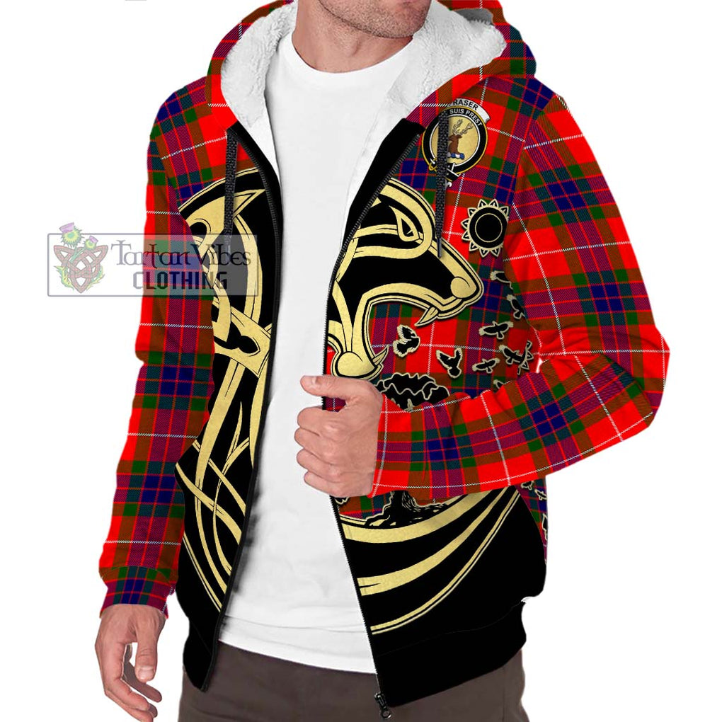 Fraser Modern Tartan Sherpa Hoodie with Family Crest Celtic Wolf Style Unisex S - Tartan Vibes Clothing