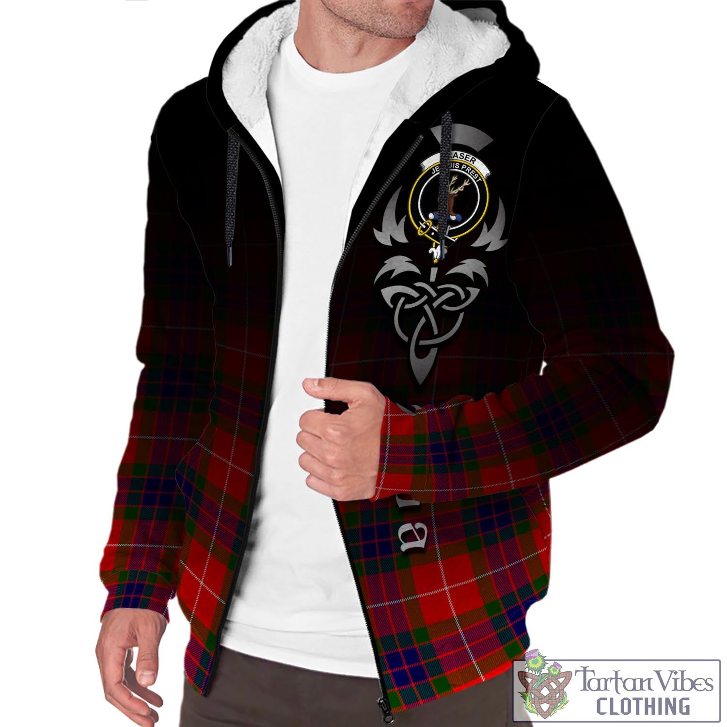 Tartan Vibes Clothing Fraser Modern Tartan Sherpa Hoodie Featuring Alba Gu Brath Family Crest Celtic Inspired