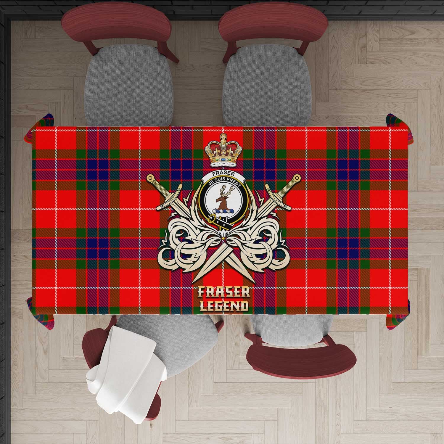 Tartan Vibes Clothing Fraser Modern Tartan Tablecloth with Clan Crest and the Golden Sword of Courageous Legacy