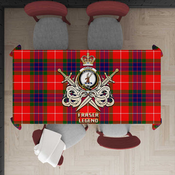 Fraser Modern Tartan Tablecloth with Clan Crest and the Golden Sword of Courageous Legacy