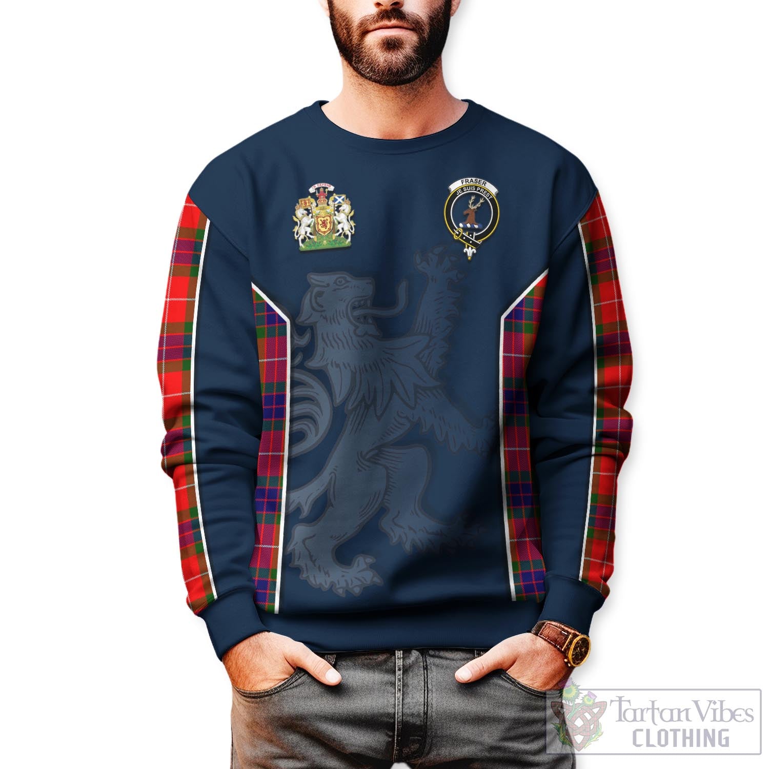 Tartan Vibes Clothing Fraser Modern Tartan Sweater with Family Crest and Lion Rampant Vibes Sport Style