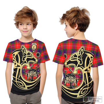 Fraser Modern Tartan Kid T-Shirt with Family Crest Celtic Wolf Style