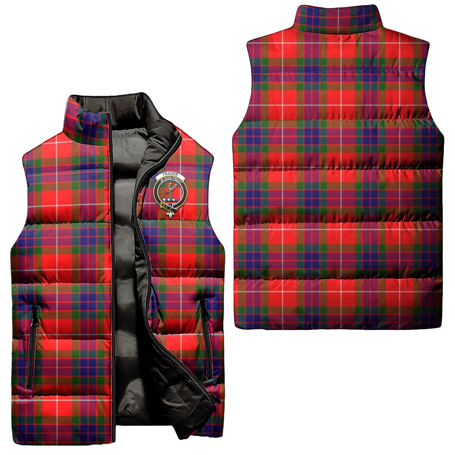 Fraser Modern Tartan Sleeveless Puffer Jacket with Family Crest Unisex - Tartanvibesclothing