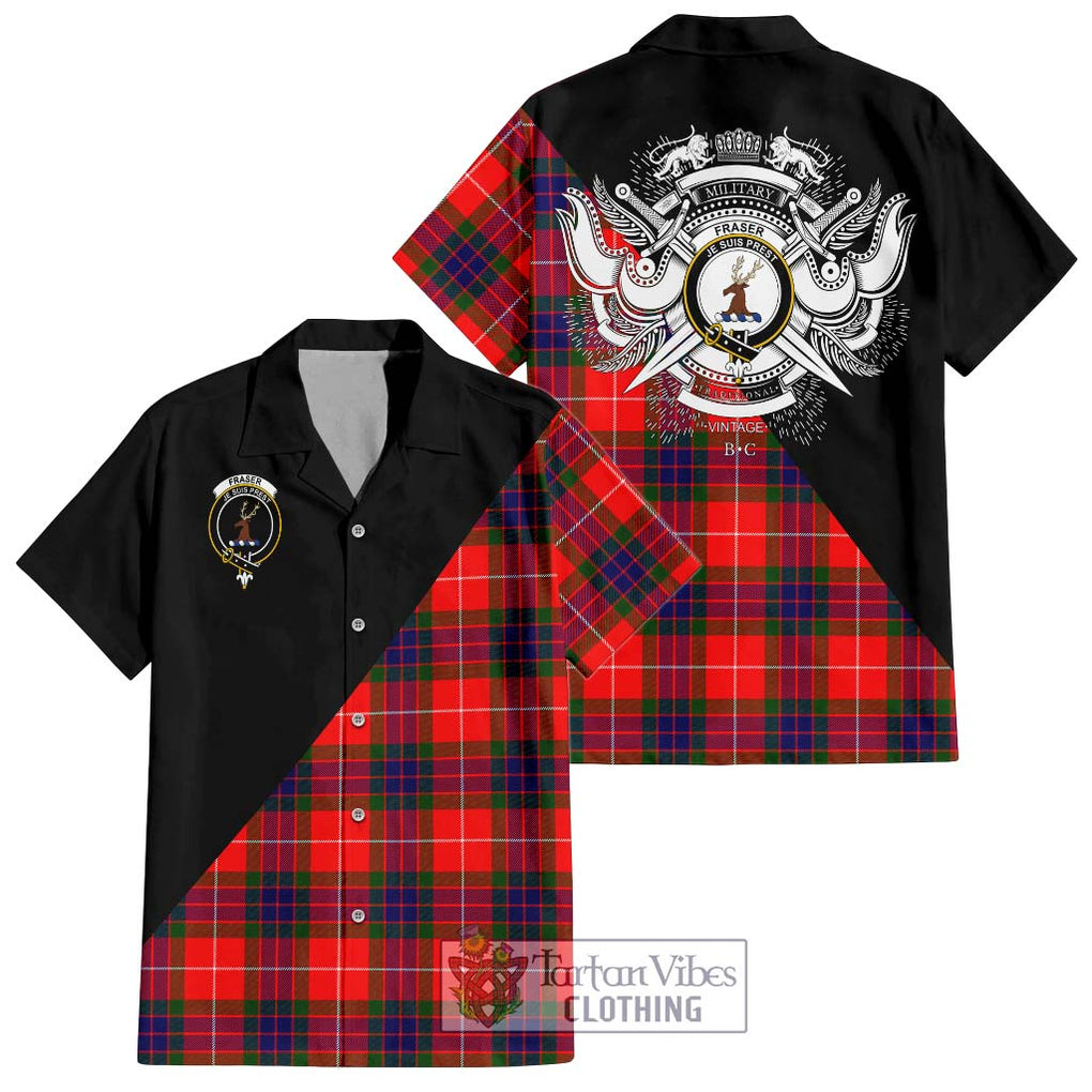 Fraser Modern Tartan Short Sleeve Button Shirt with Family Crest and Military Logo Style Kid - Tartanvibesclothing Shop