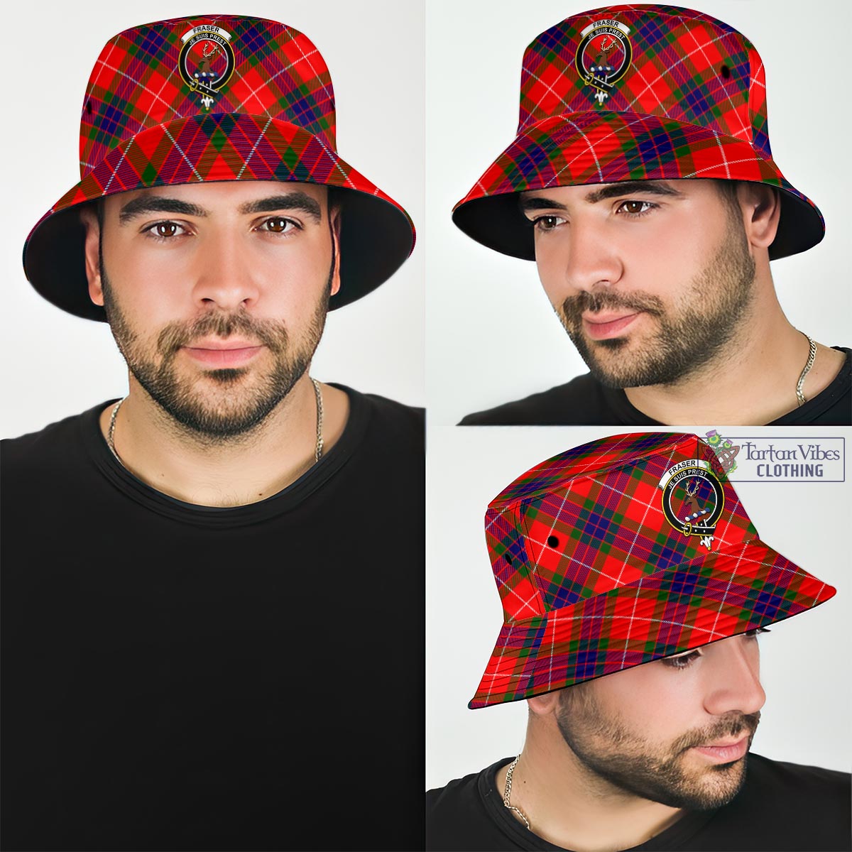 Tartan Vibes Clothing Fraser Modern Tartan Bucket Hat with Family Crest