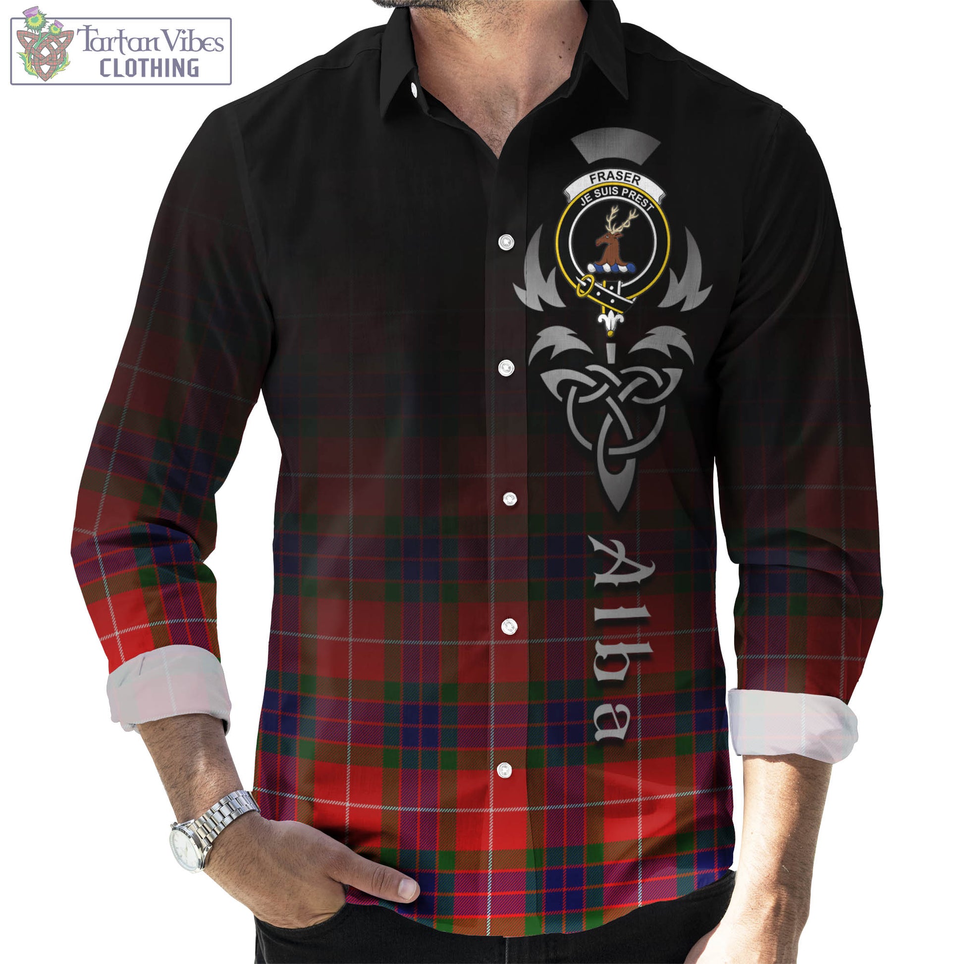 Tartan Vibes Clothing Fraser Modern Tartan Long Sleeve Button Up Featuring Alba Gu Brath Family Crest Celtic Inspired