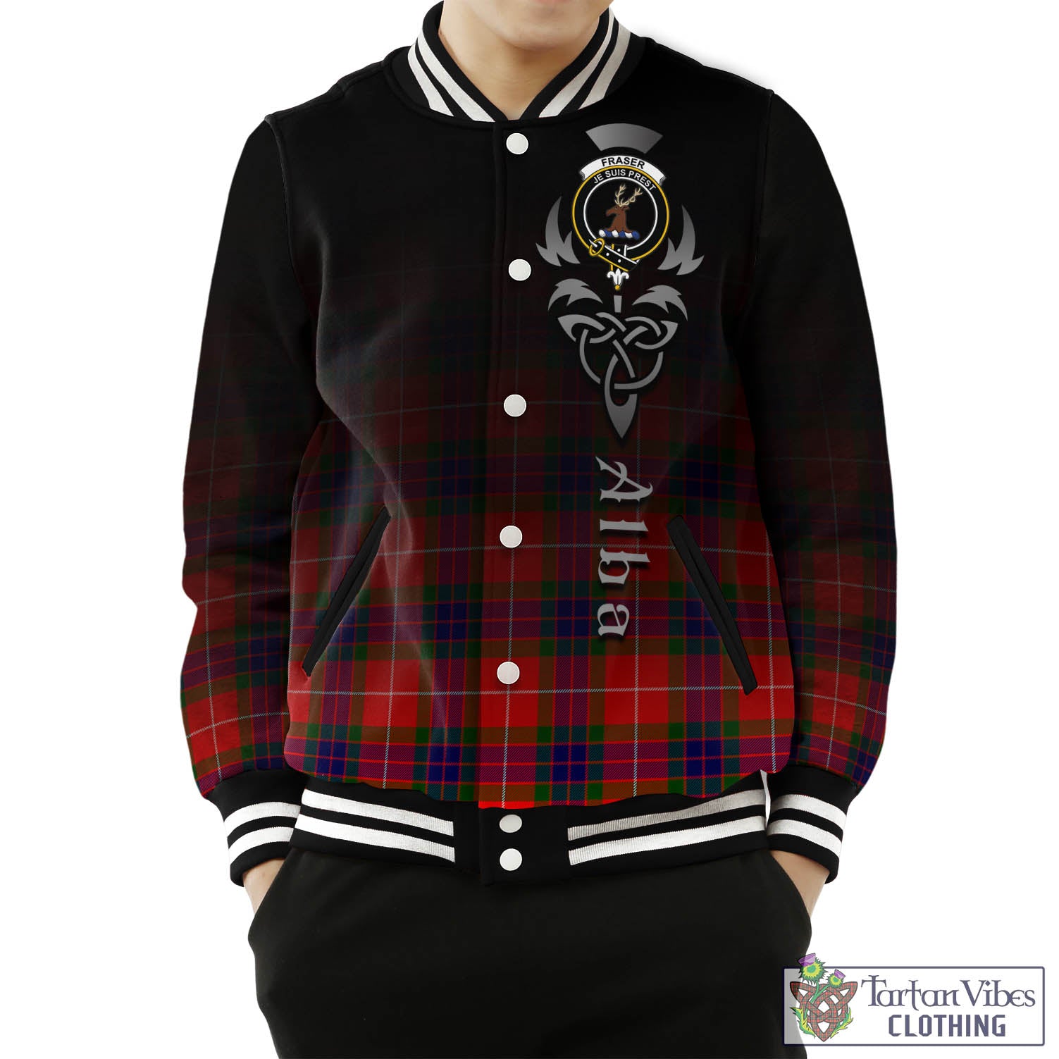 Tartan Vibes Clothing Fraser Modern Tartan Baseball Jacket Featuring Alba Gu Brath Family Crest Celtic Inspired