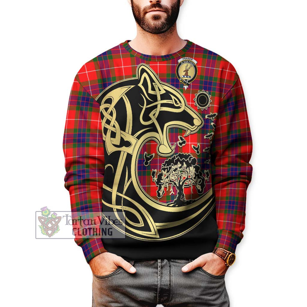 Fraser Modern Tartan Sweatshirt with Family Crest Celtic Wolf Style Unisex - Tartan Vibes Clothing