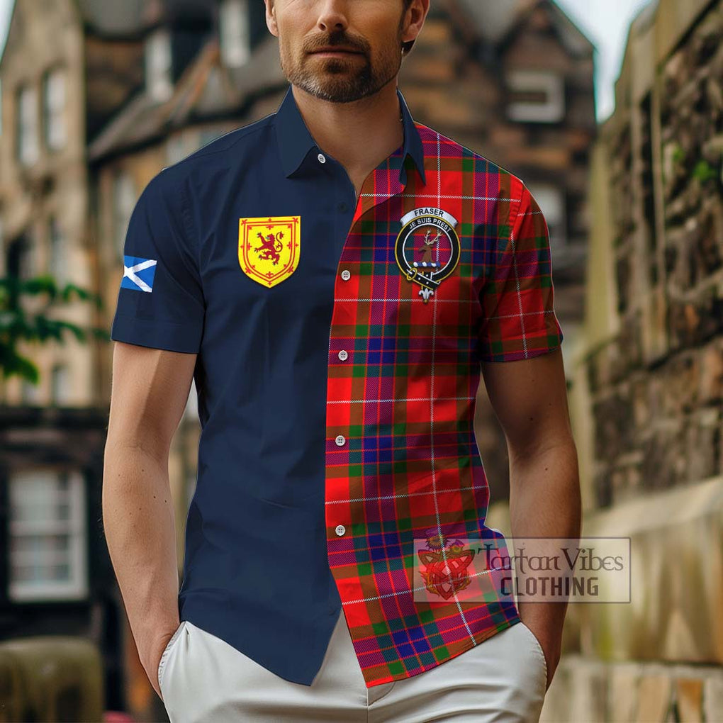 Tartan Vibes Clothing Fraser Modern Tartan Short Sleeve Button Shirt with Scottish Lion Royal Arm Half Style