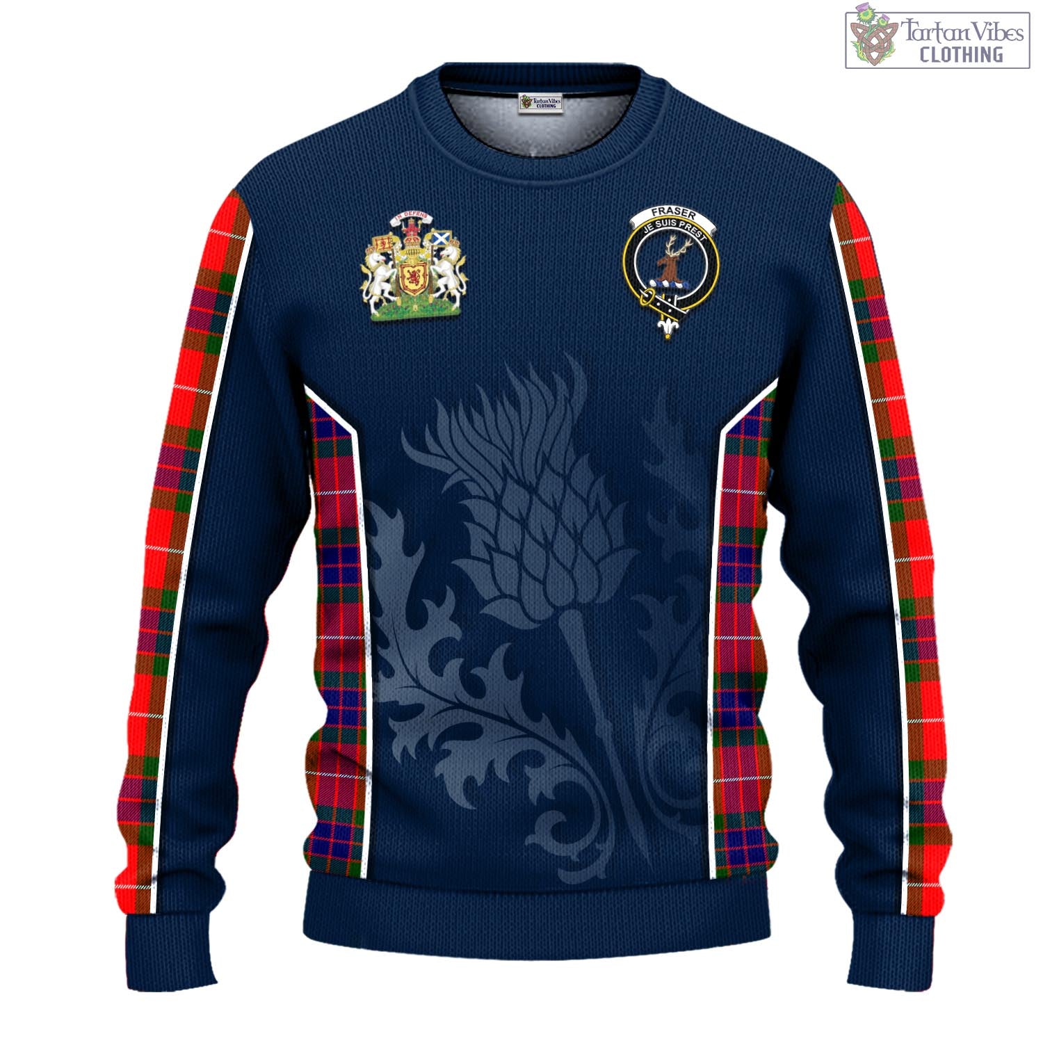 Tartan Vibes Clothing Fraser Modern Tartan Knitted Sweatshirt with Family Crest and Scottish Thistle Vibes Sport Style