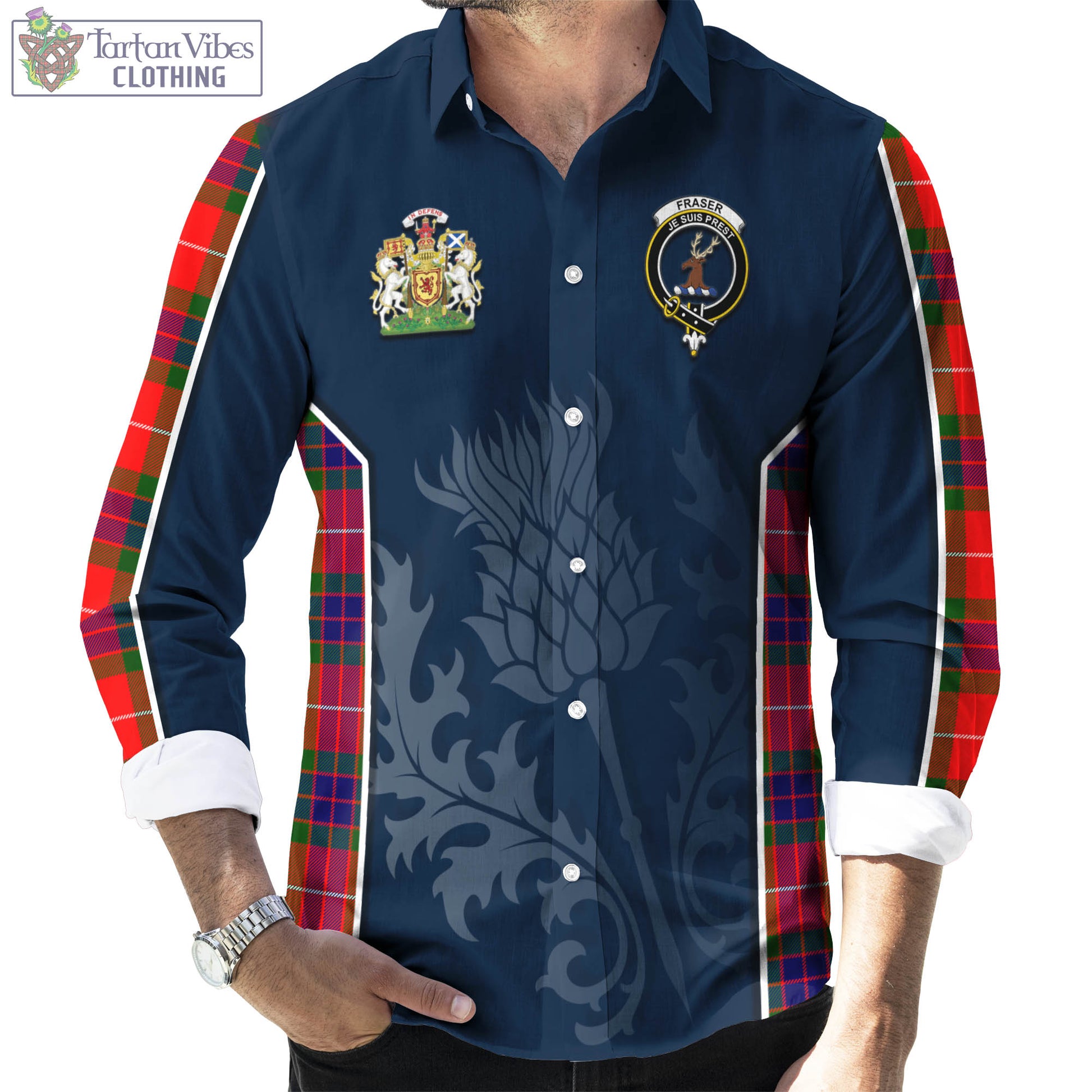 Tartan Vibes Clothing Fraser Modern Tartan Long Sleeve Button Up Shirt with Family Crest and Scottish Thistle Vibes Sport Style