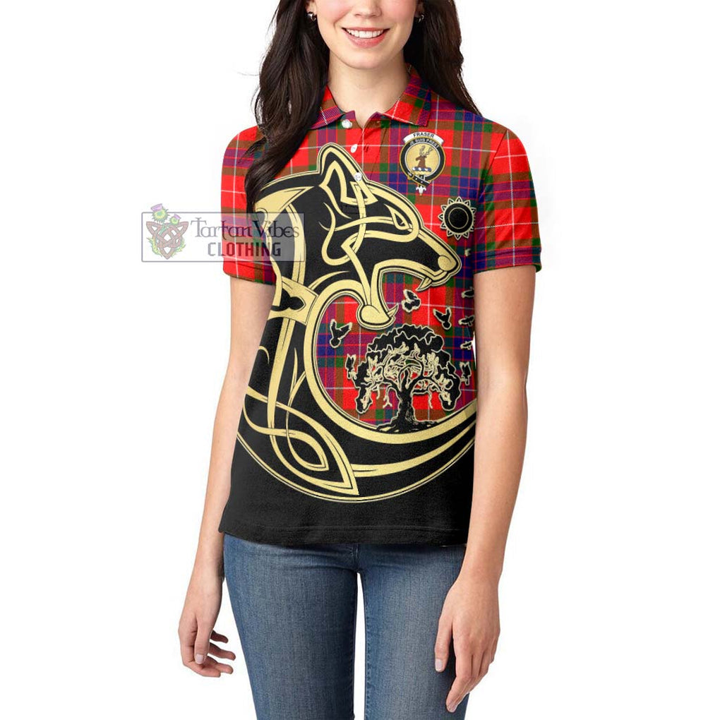 Fraser Modern Tartan Women's Polo Shirt with Family Crest Celtic Wolf Style - Tartanvibesclothing Shop