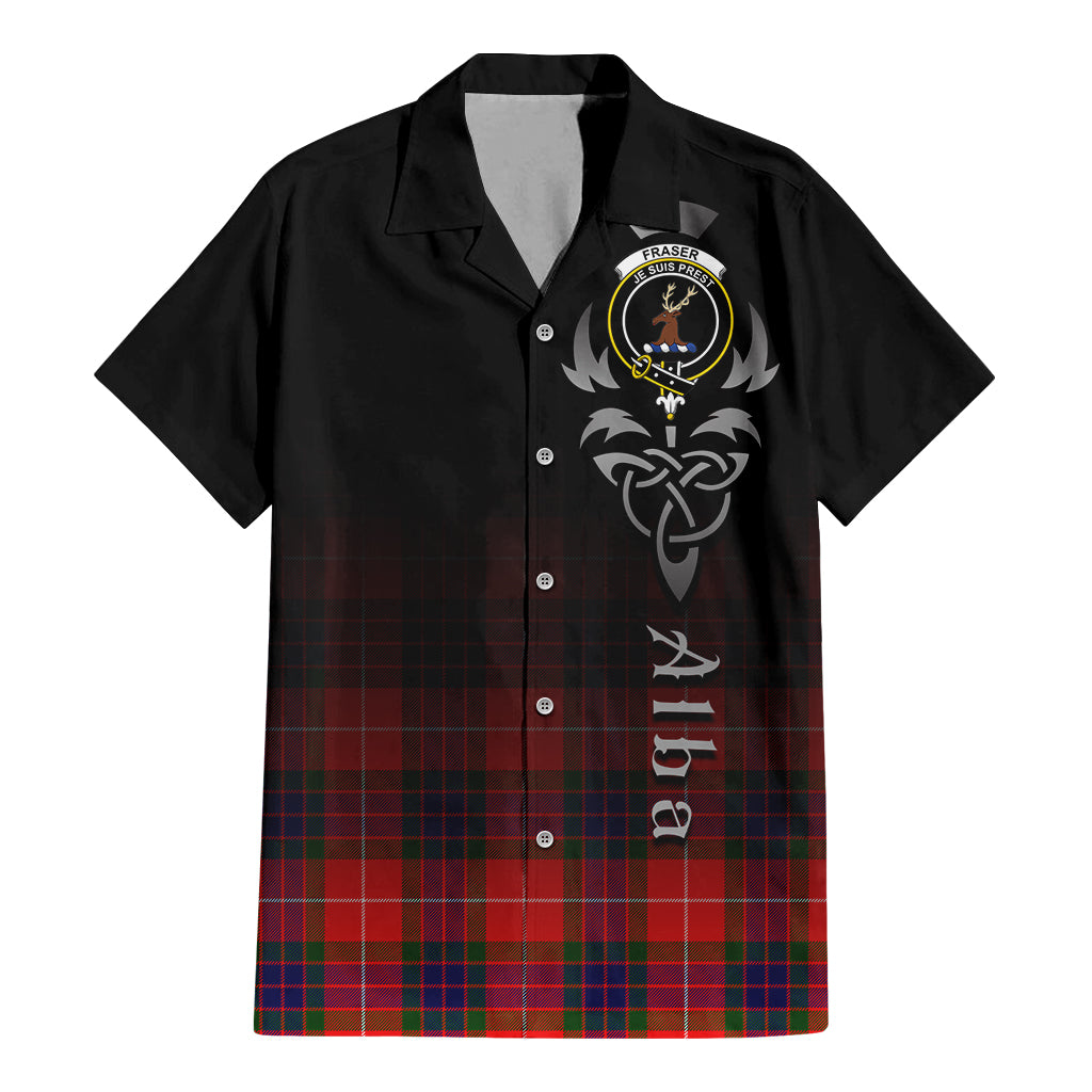 Tartan Vibes Clothing Fraser Modern Tartan Short Sleeve Button Up Featuring Alba Gu Brath Family Crest Celtic Inspired