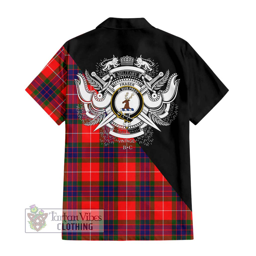 Fraser Modern Tartan Short Sleeve Button Shirt with Family Crest and Military Logo Style - Tartanvibesclothing Shop