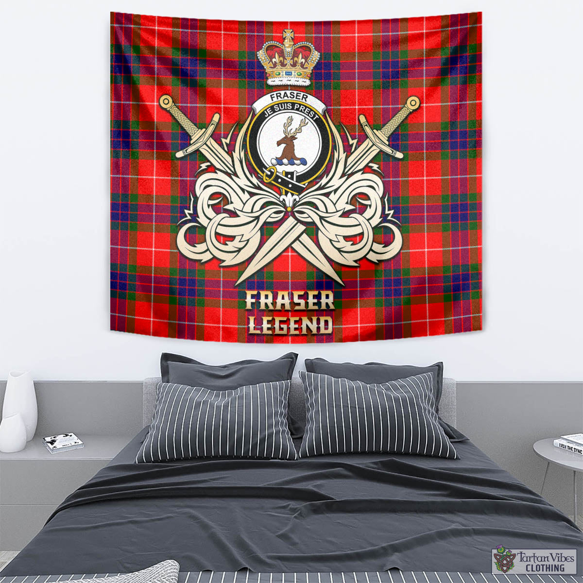 Tartan Vibes Clothing Fraser Modern Tartan Tapestry with Clan Crest and the Golden Sword of Courageous Legacy