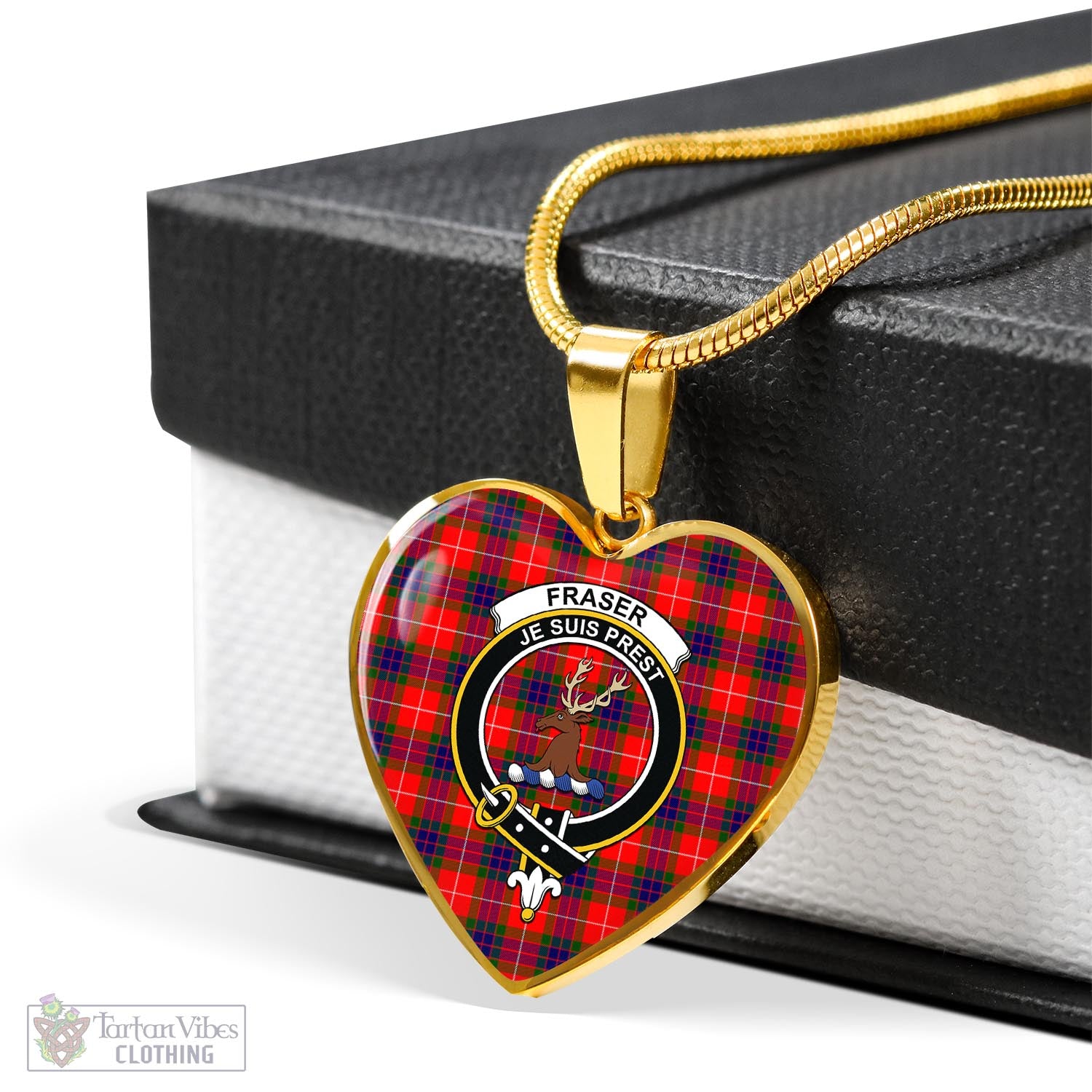 Tartan Vibes Clothing Fraser Modern Tartan Heart Necklace with Family Crest