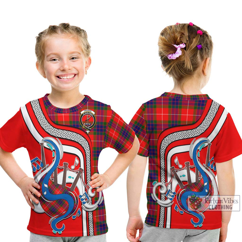 Tartan Vibes Clothing Fraser Modern Tartan Kid T-Shirt with Epic Bagpipe Style