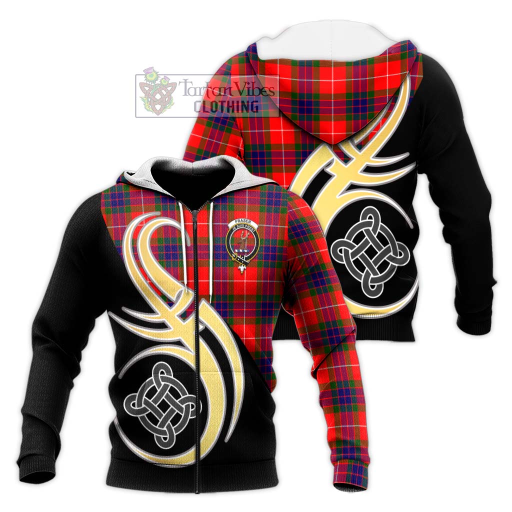 Tartan Vibes Clothing Fraser Modern Tartan Knitted Hoodie with Family Crest and Celtic Symbol Style