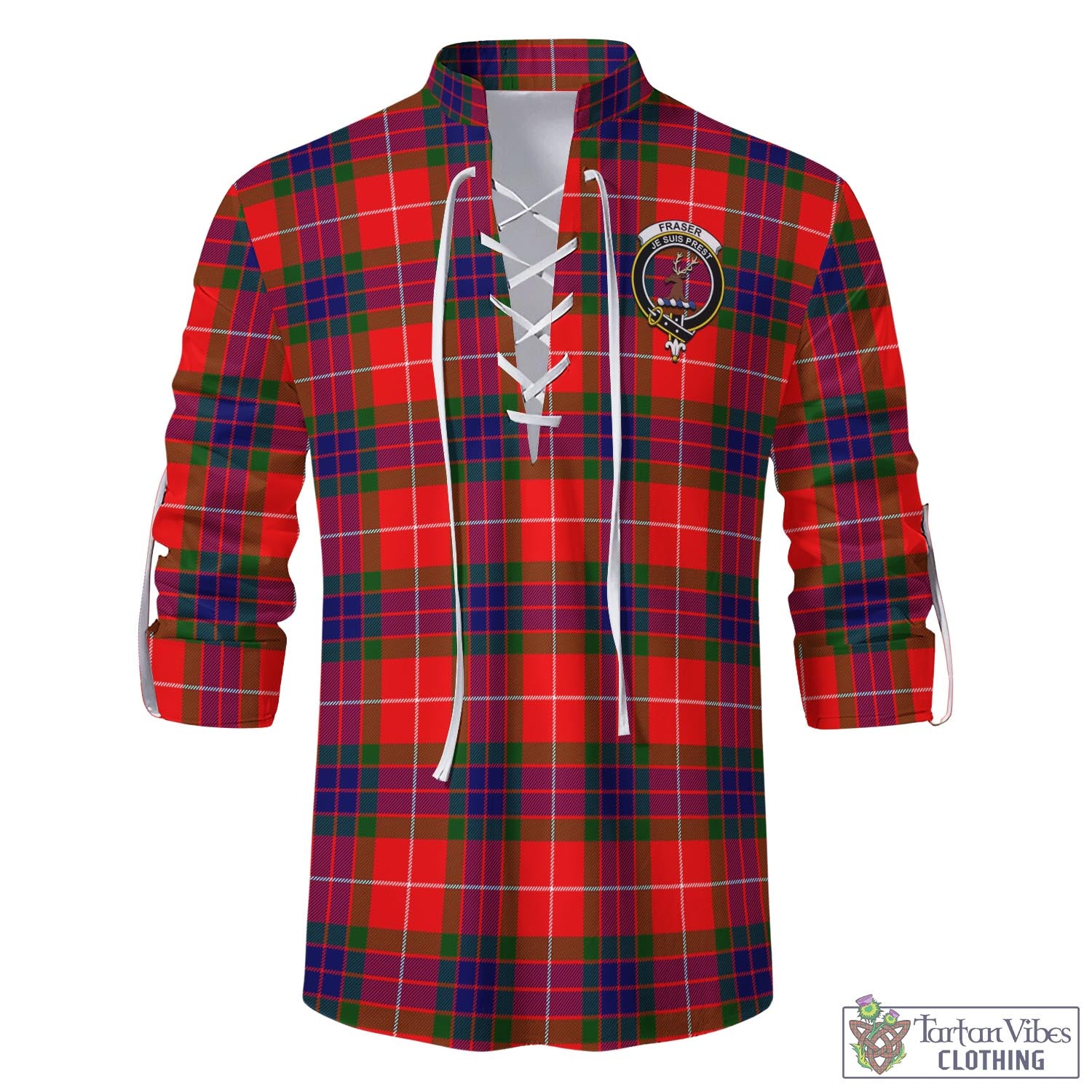 Tartan Vibes Clothing Fraser Modern Tartan Men's Scottish Traditional Jacobite Ghillie Kilt Shirt with Family Crest